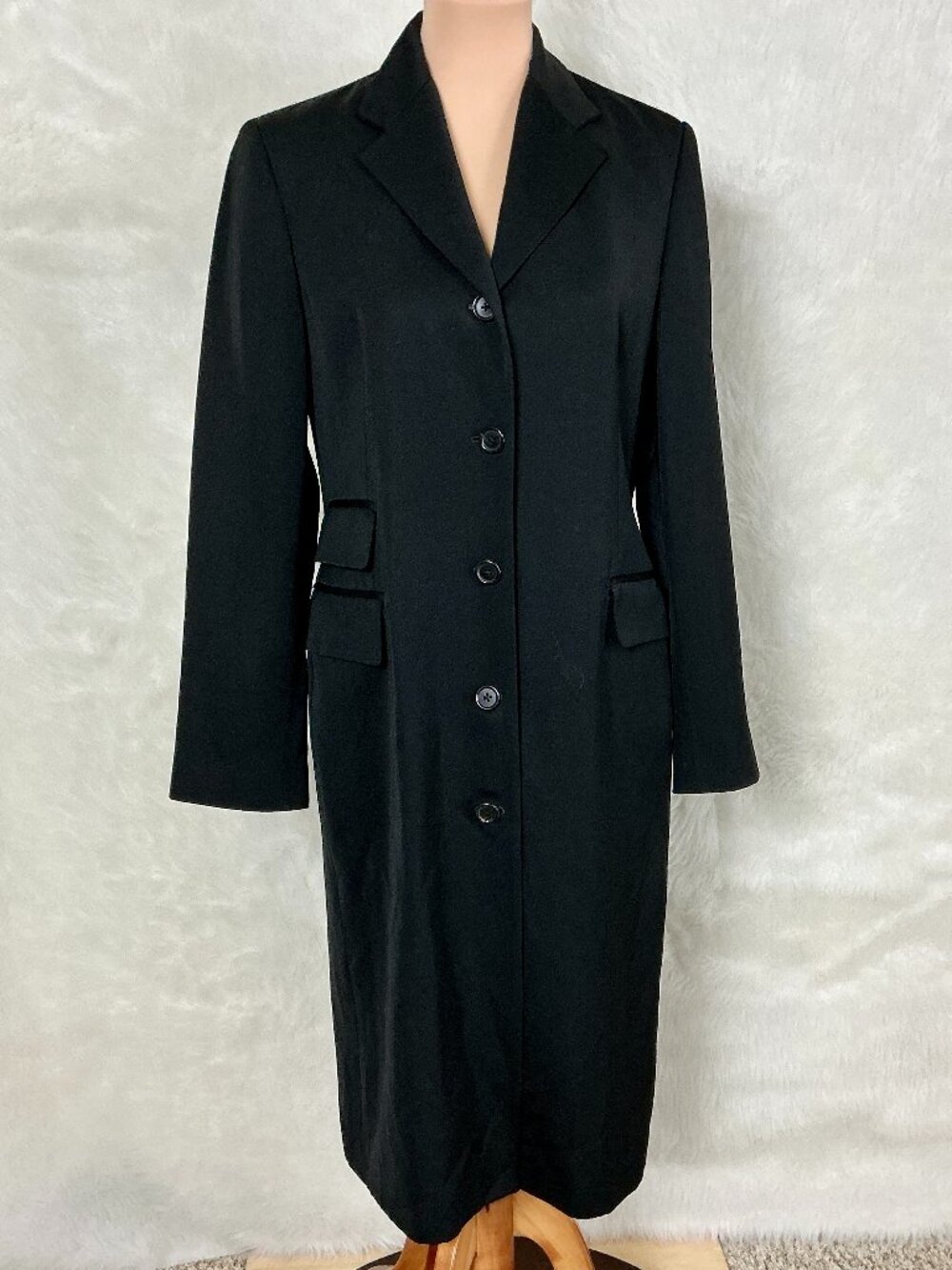 Ralph Lauren Vintage 90s Black Long Button Front Blazer Coat Wool Blend Preppy 8